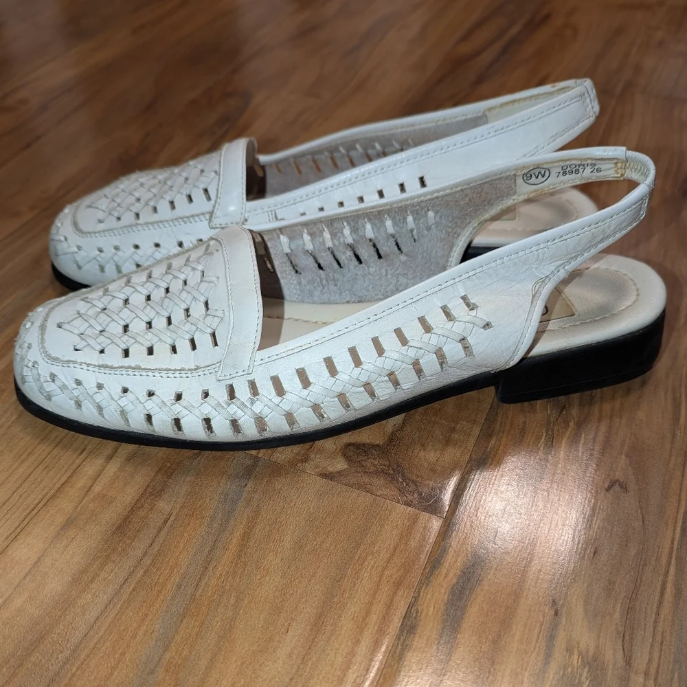 VTG‎ Woven Leather Slingback Sandals Women's 9 Doris Fisherman White Cottagecore